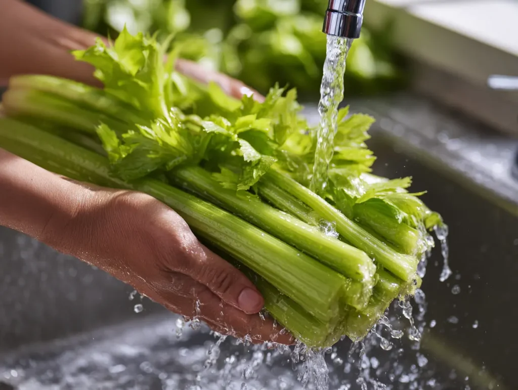 Celery with Peanut Butter Recipe: The Perfect 5-Minute Healthy Snack 18 Fresh crisp celery stalks being washed and prepared for snack