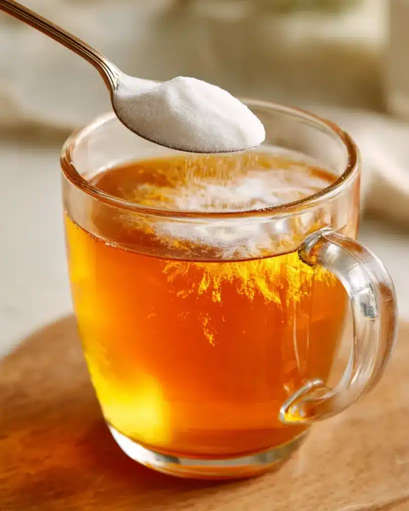 Unflavored gelatin powder blooming in a cup of hot herbal tea for the gelatin trick