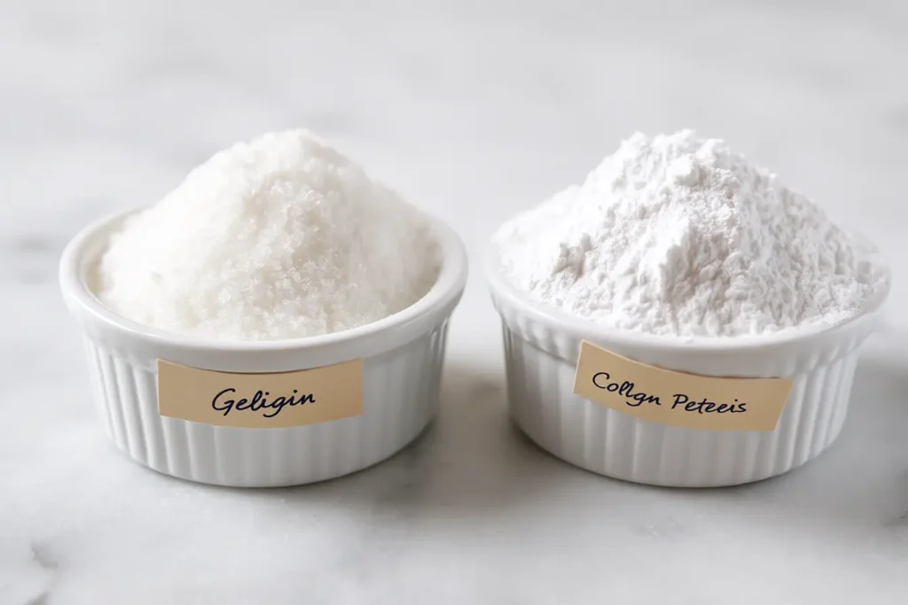  Gelatin powder vs collagen powder side by side on white marble same look, very different results