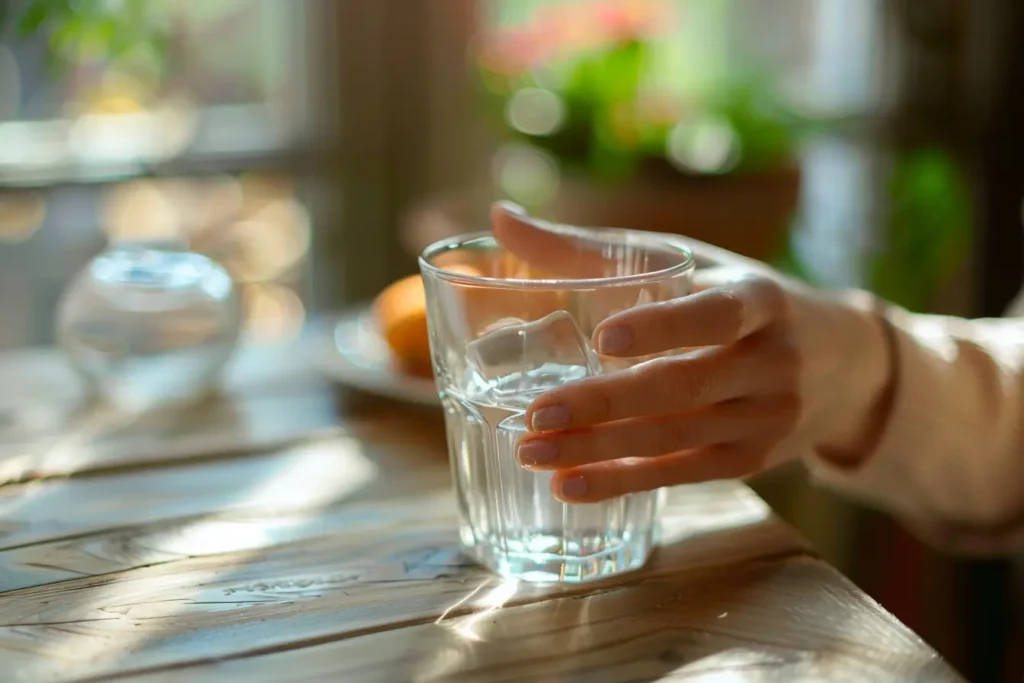  woman holding gelatin water drink 15 minutes before meal