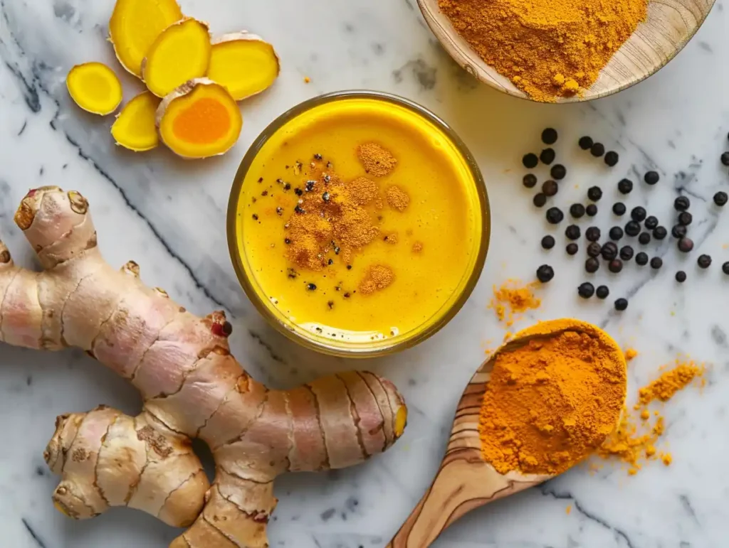 Golden milk recipe ingredients including fresh turmeric root, ginger, black peppercorns