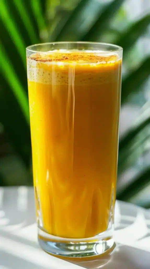  Vegan golden milk recipe with coconut milk in tall glass showing creamy texture