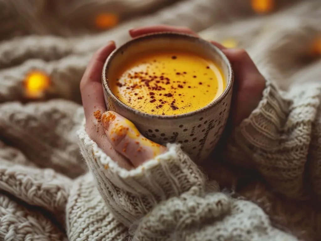Golden milk recipe for sleep served warm in cozy mug with blanket