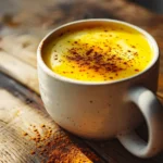 Golden milk recipe in white ceramic mug with turmeric foam and cinnamon garnish