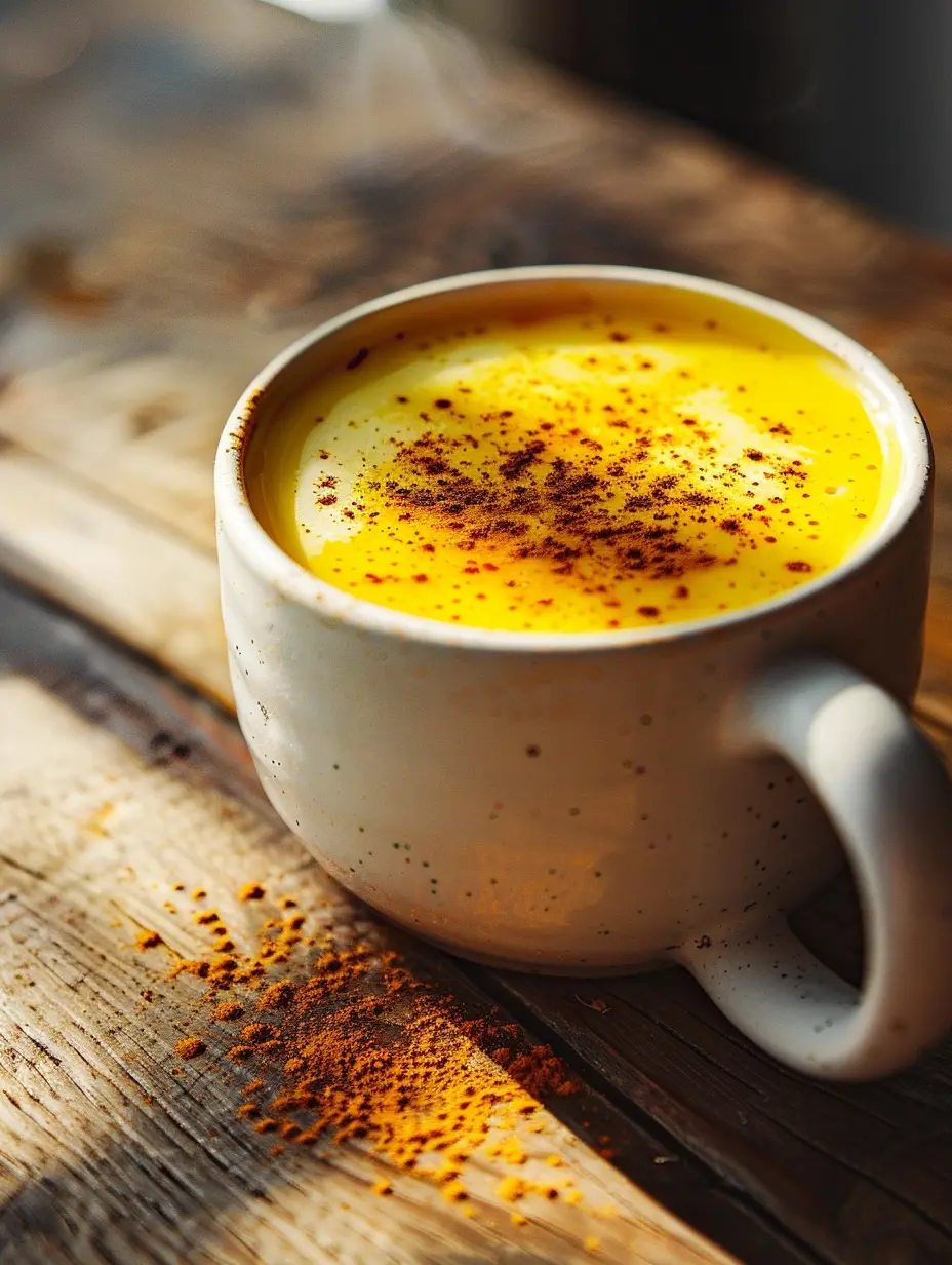 Golden milk recipe in white ceramic mug with turmeric foam and cinnamon garnish