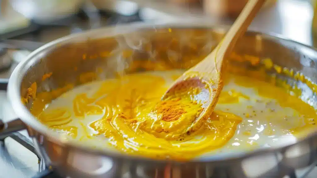 Making golden milk recipe in small saucepan with coconut milk and turmeric stirring