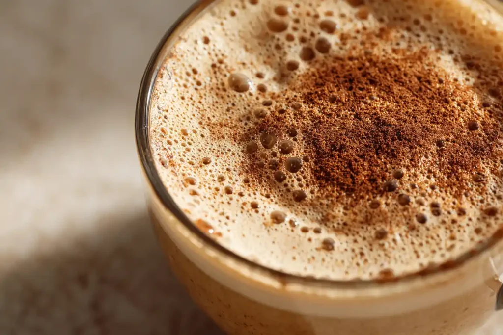 Finished Jennifer Aniston collagen coffee with cinnamon on top