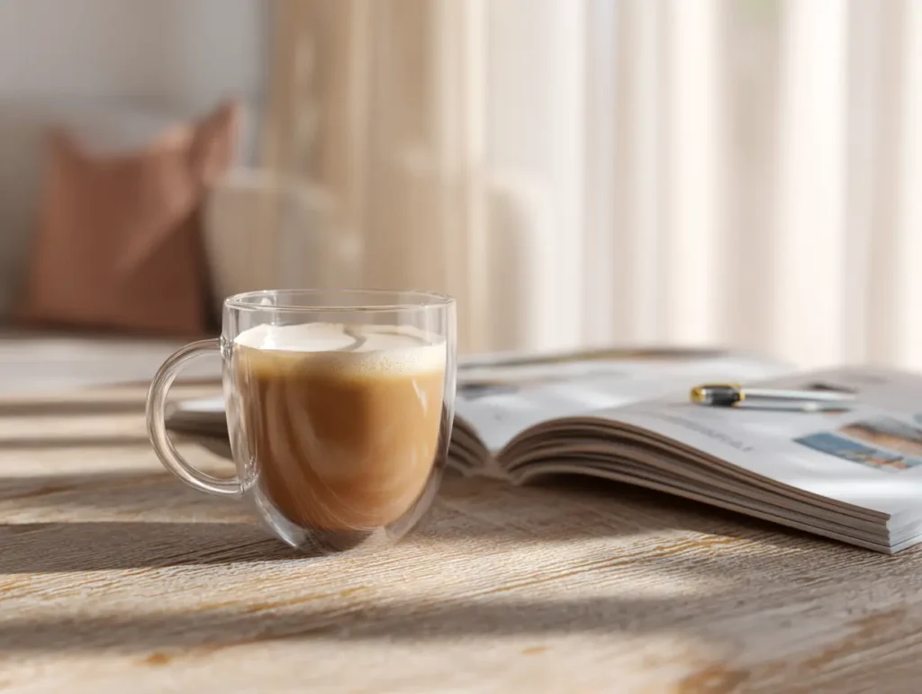 Morning wellness routine with collagen coffee like Jennifer Aniston