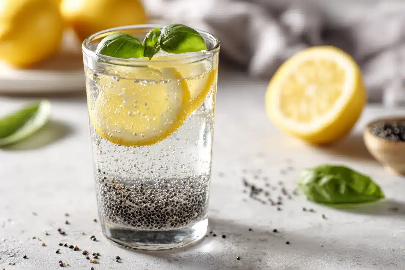 Glass of lemon basil seed drink recipe with bloomed basil seeds and lemon slice