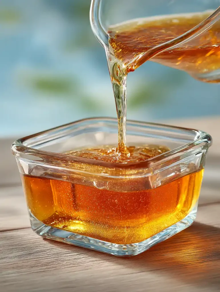 Pouring gelatin mixture into glass dish for Jillian Michaels recipe