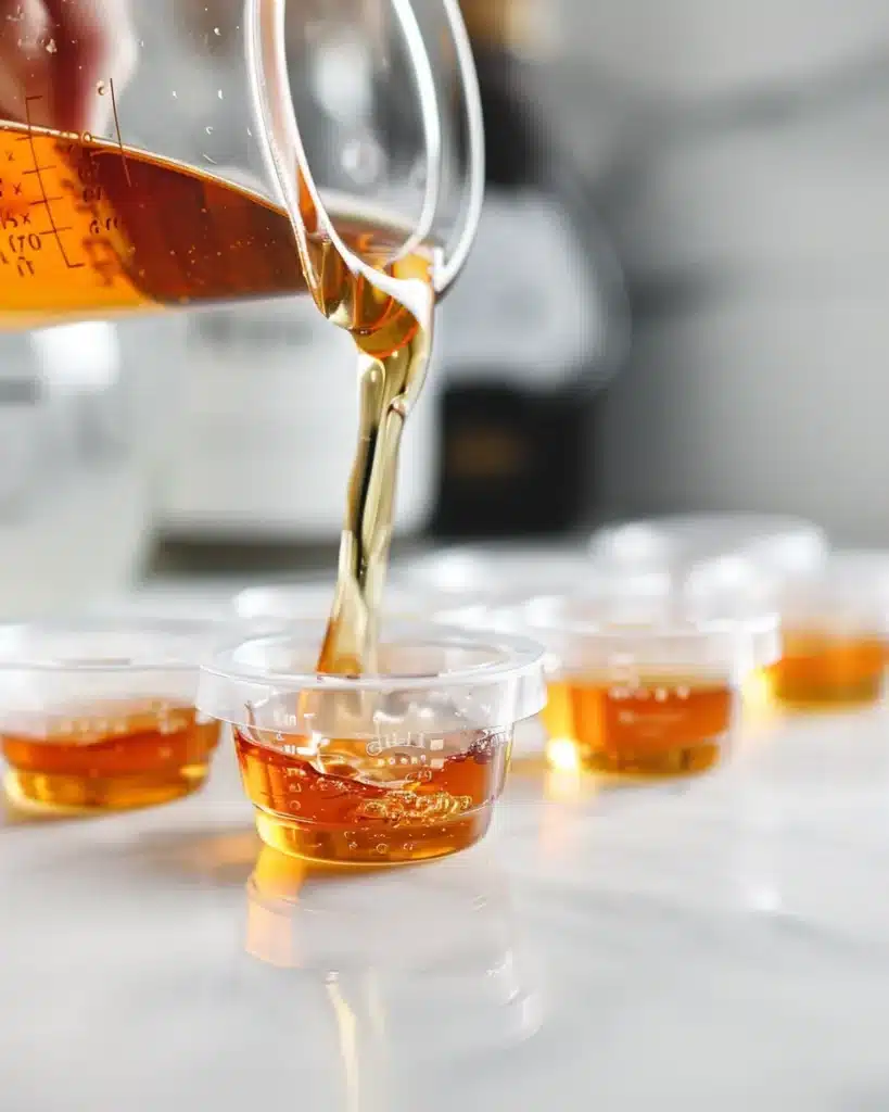 Rebel Wilson Gelatin Trick Recipe: 3 Ingredients That Actually Work 18 pouring gelatin trick recipe mixture into silicone molds close up