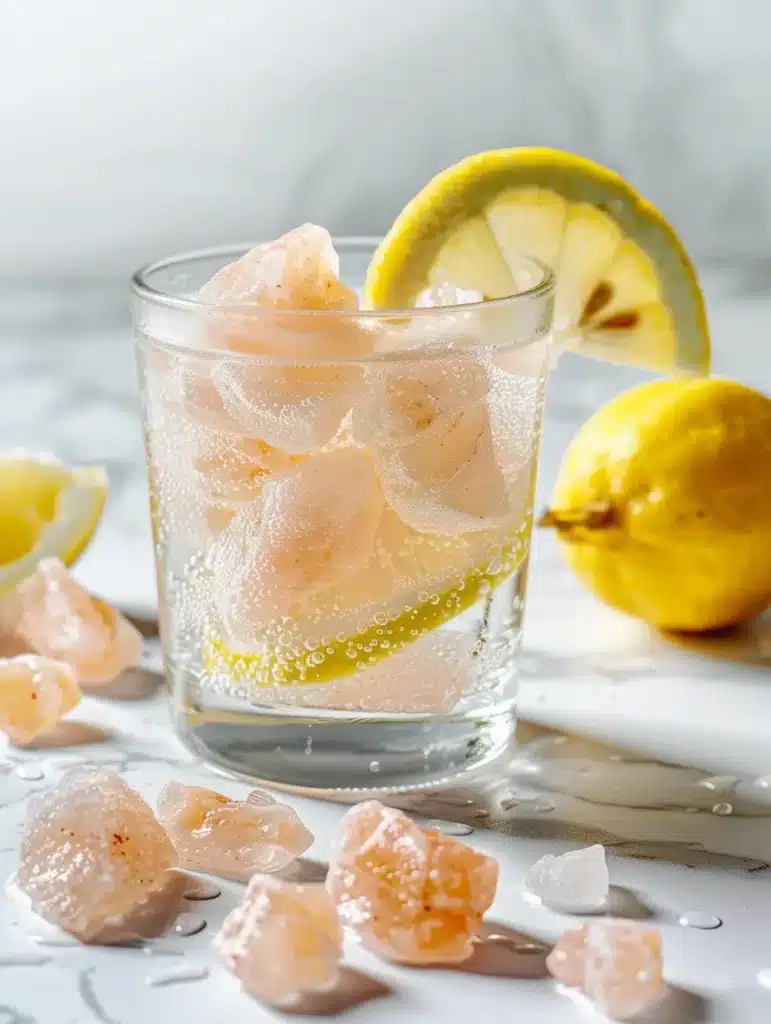 Current image: salt lemon water recipe in clear glass with pink Himalayan salt and fresh lemon slice
