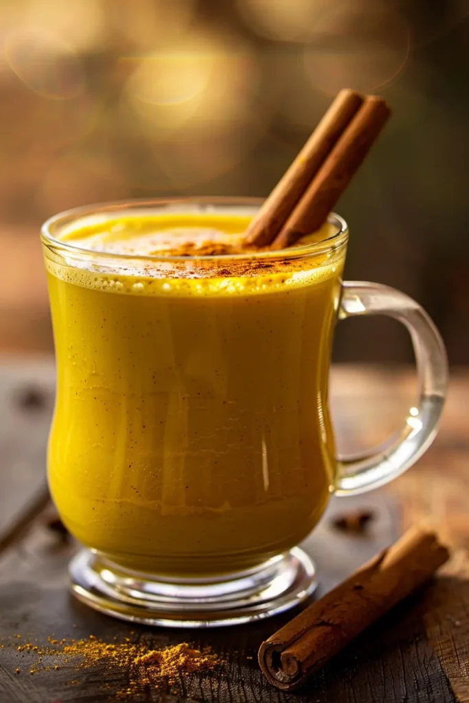 Traditional golden milk recipe for inflammation in glass mug showing golden yellow