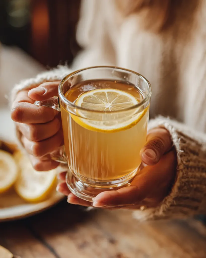 Woman drinking warm gelatin drink 15 minutes before dinner for natural appetite control