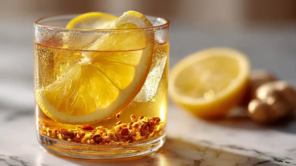 Current image: 4 ingredient natural mounjaro recipe lemon ginger honey drink in clear glass