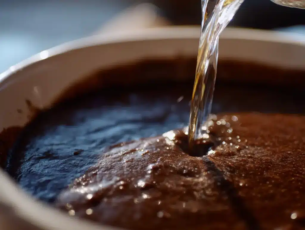 Easy 5 Ingredient Vegan Chocolate Cake (So Moist!) 15 Pouring hot water into cocoa flour batter for easy vegan chocolate cake one bowl mixing