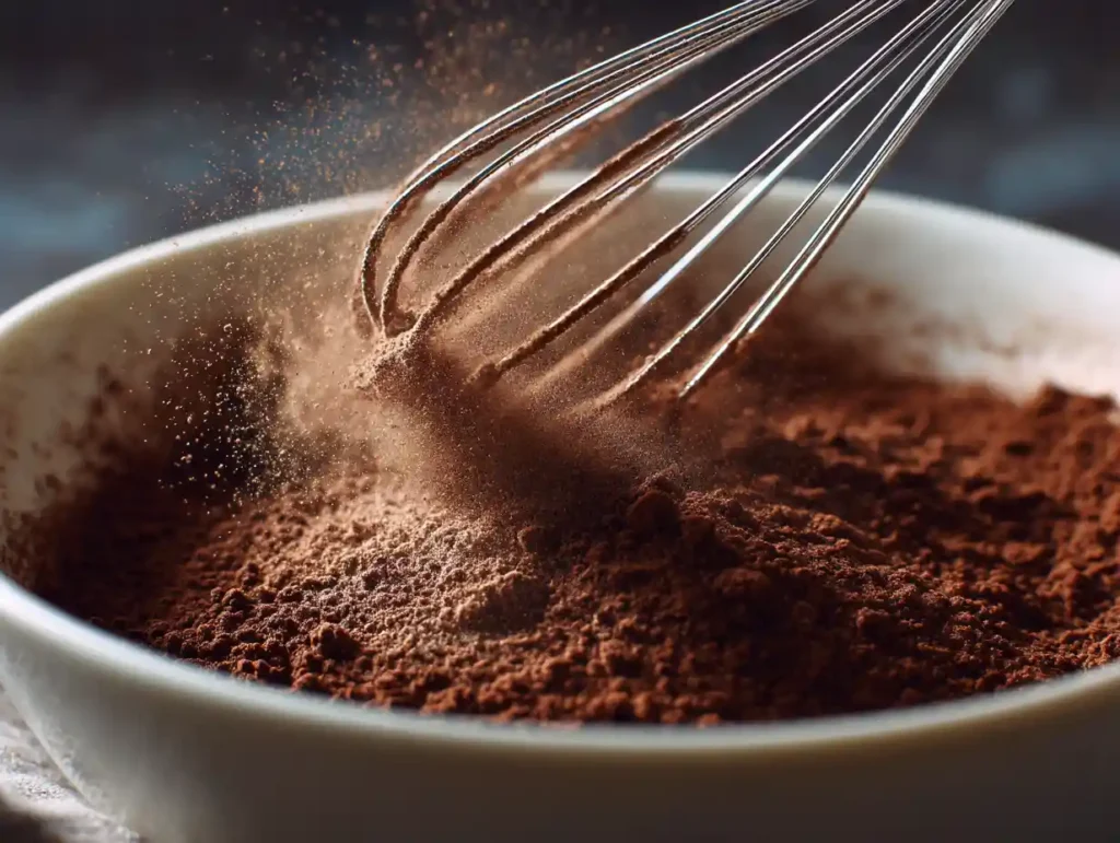 Easy 5 Ingredient Vegan Chocolate Cake (So Moist!) 14 Whisking cocoa powder flour and sugar together in white bowl for vegan chocolate cake batter