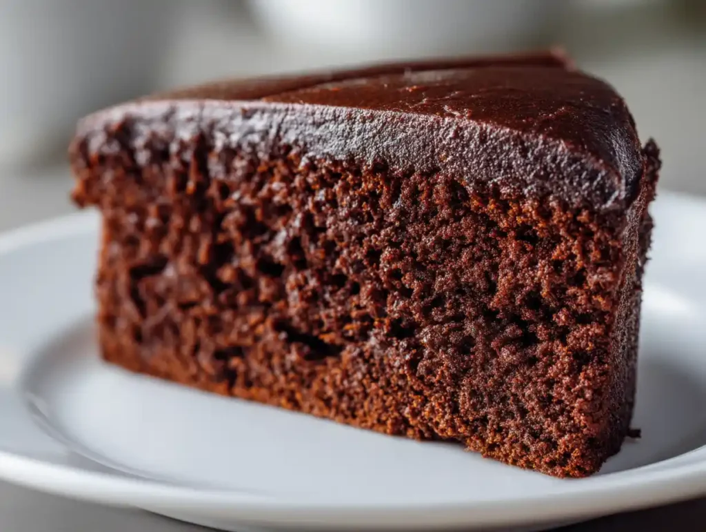 Easy 5 Ingredient Vegan Chocolate Cake (So Moist!) 11 Current image: 5 ingredient vegan chocolate cake slice on white plate showing rich moist dark crumb