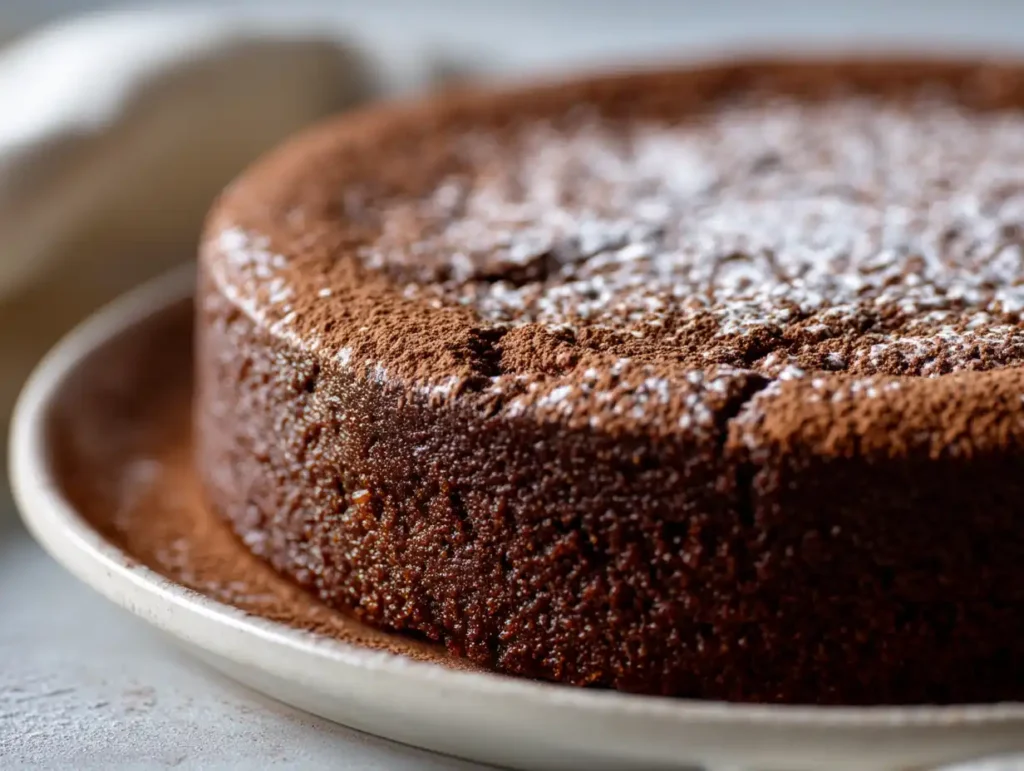 Easy 5 Ingredient Vegan Chocolate Cake (So Moist!) 17 Whole finished 5 ingredient vegan chocolate cake on white plate dusted with cocoa powder
