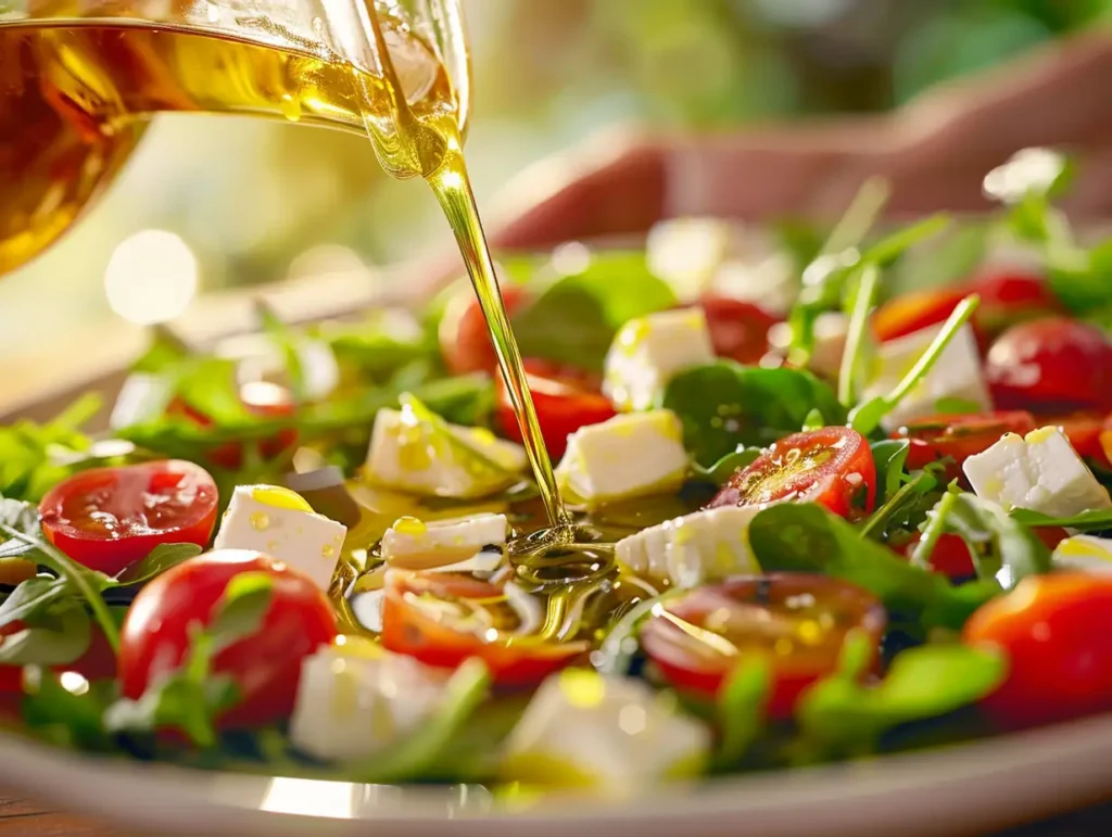 Authentic Greek salad dressing being poured over a classic Greek salad recipe