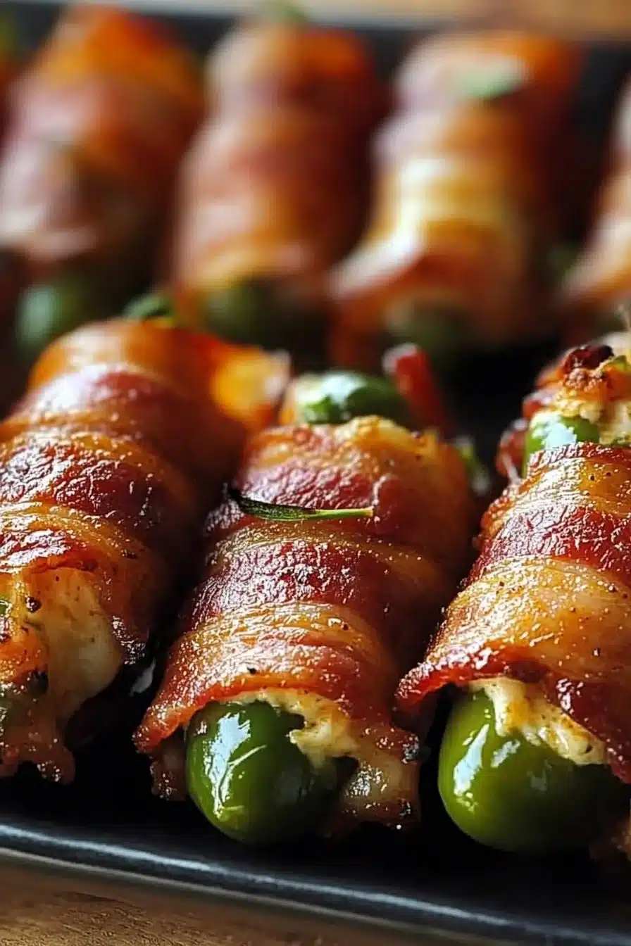 Bacon-wrapped jalapeño poppers on a platter, garnished and ready to serve.