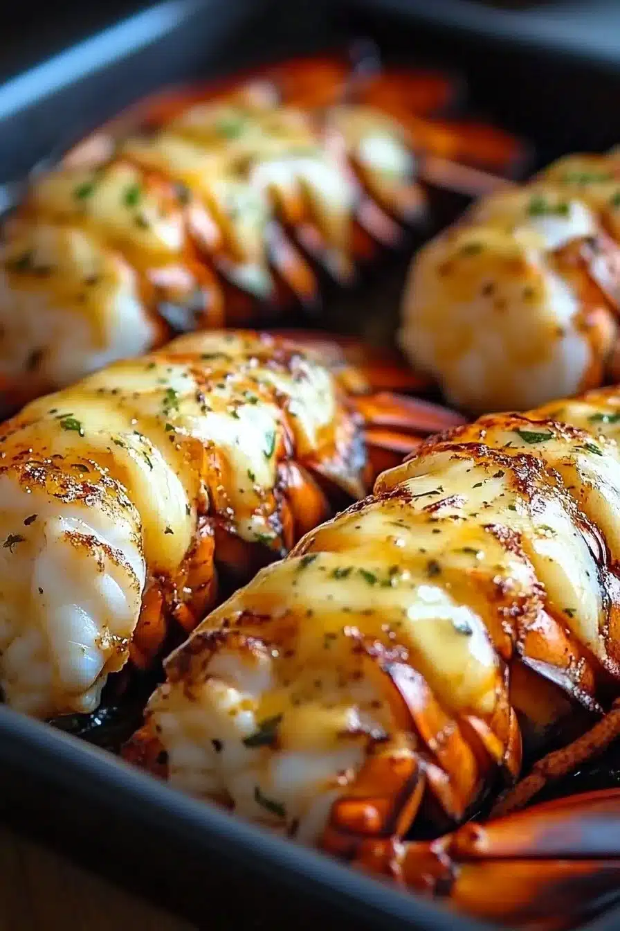 Deliciously baked lobster tails served on a plate with lemon and herbs.