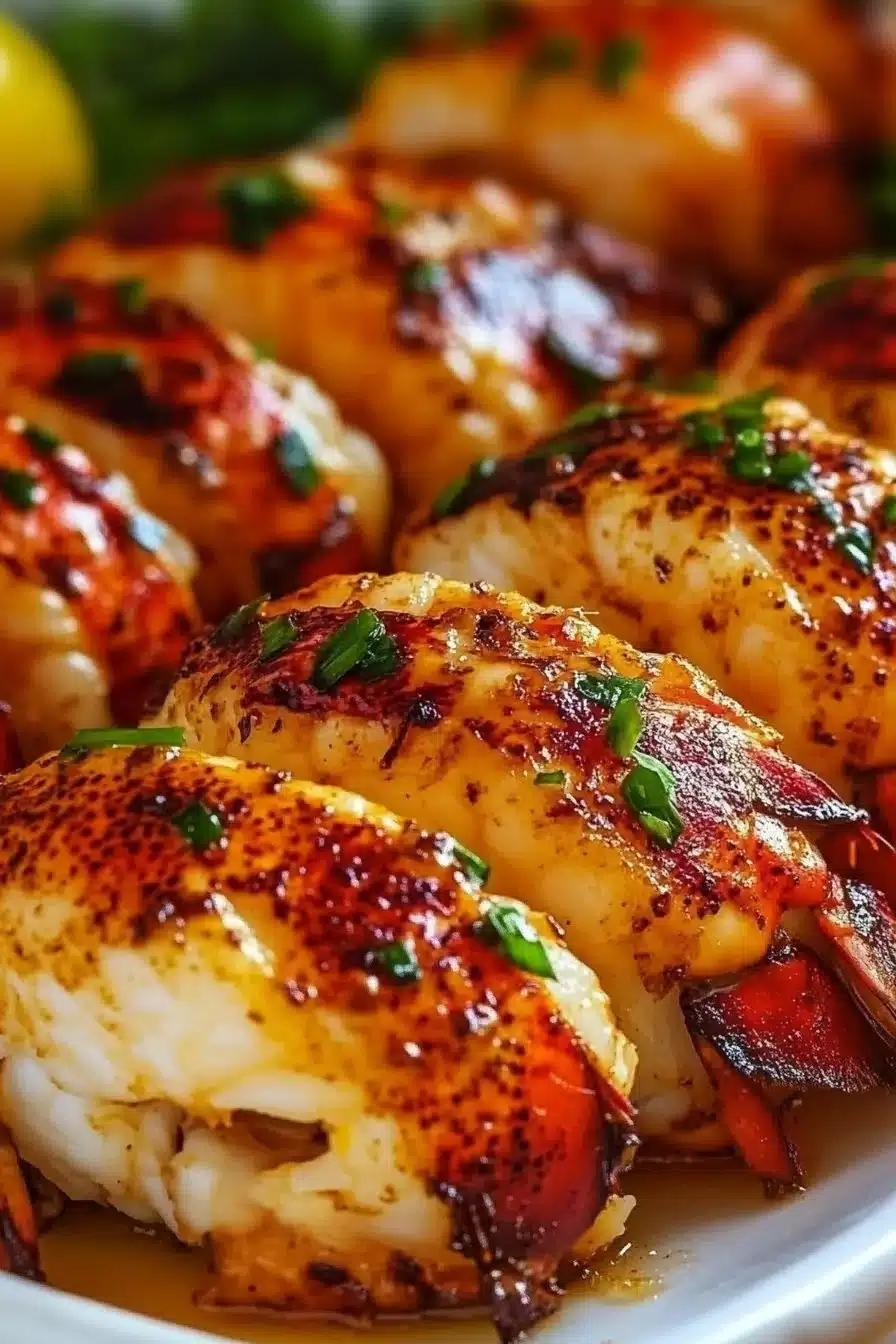Delicious baked lobster tails with lemon garlic butter presentation