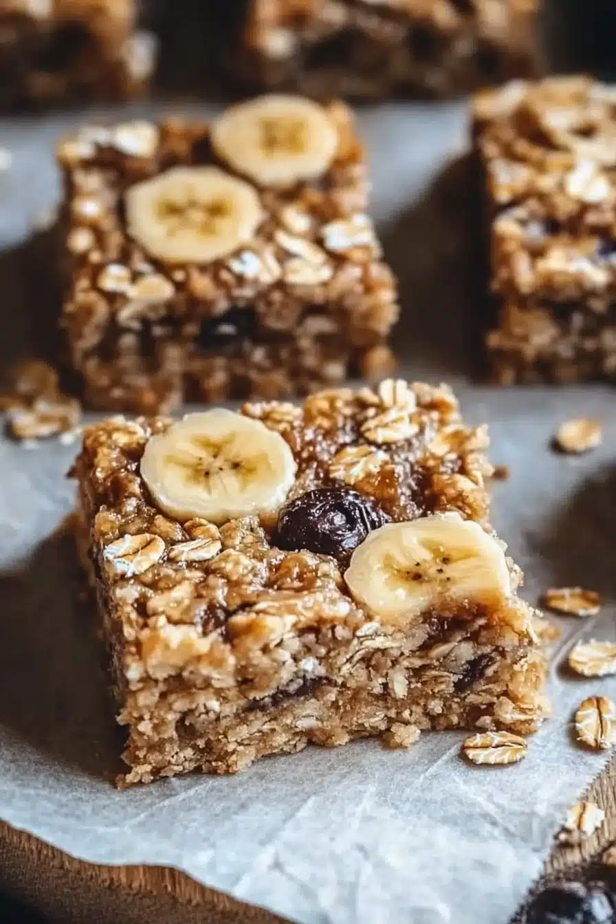 Delicious homemade Banana Oatmeal Bars on a wooden plate