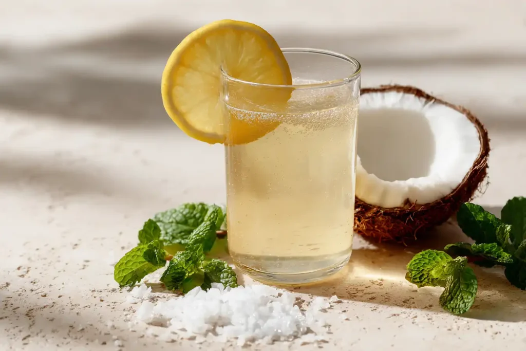 best creatine electrolyte drink recipe with coconut water and lemon in a glass