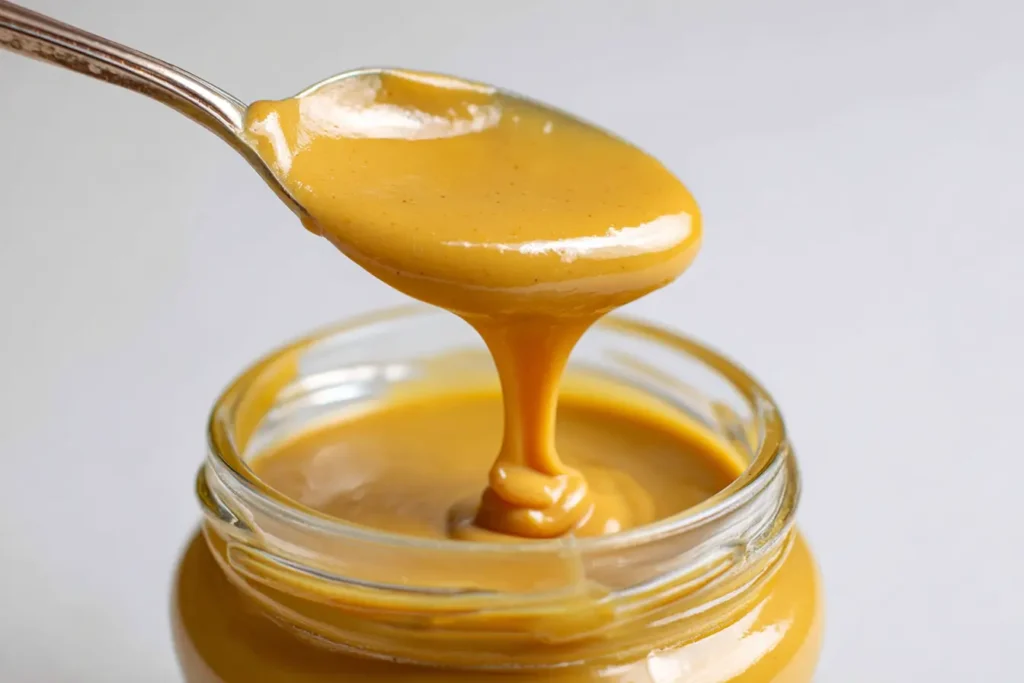 Best honey mustard recipe in a glass jar with a spoon lifting the creamy golden sauce