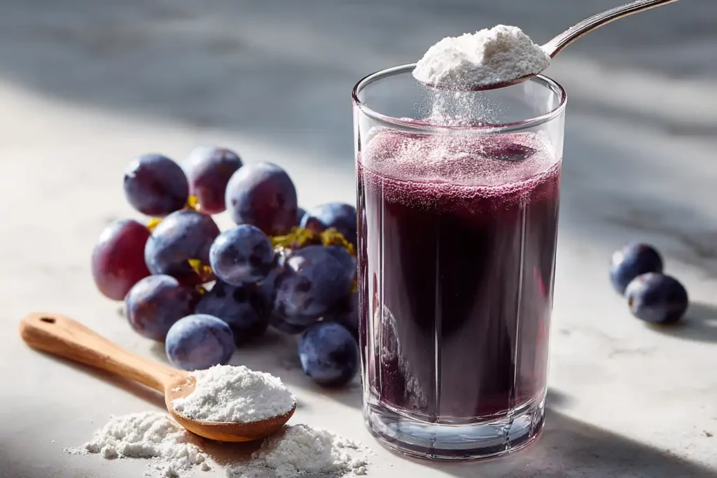  best juice to mix creatine with showing grape juice and creatine powder in glass