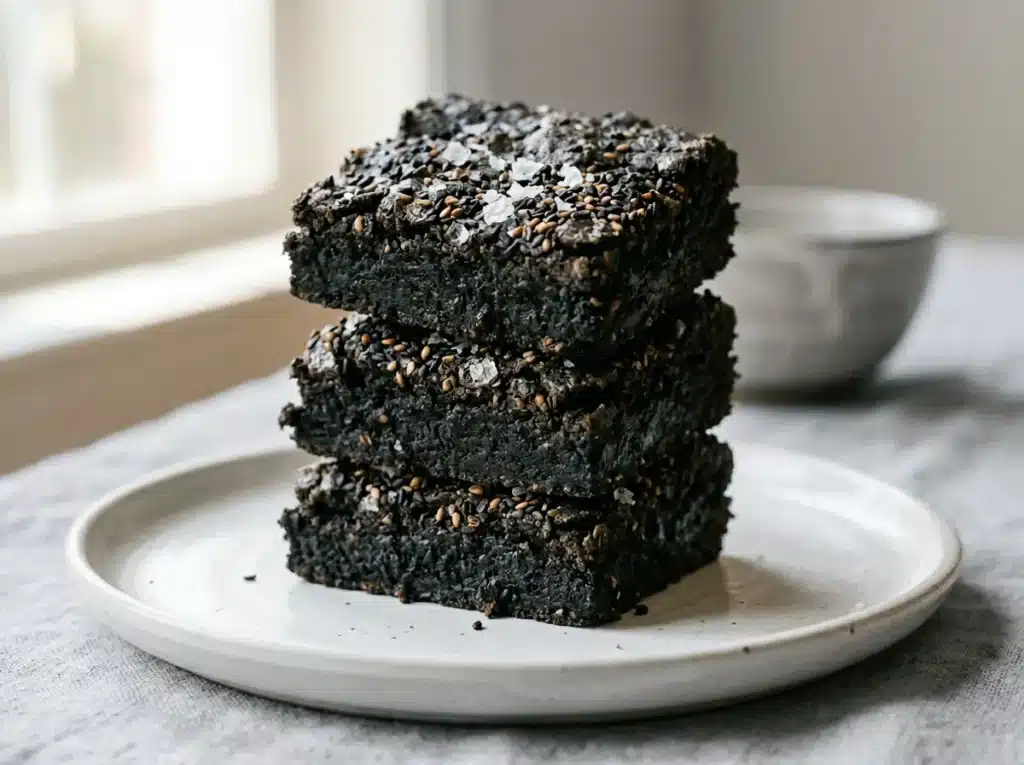 Black Sesame Dessert: 7 Easy Recipes Your Family Will Love 12 black sesame dessert brownies stacked on white plate with flaky salt