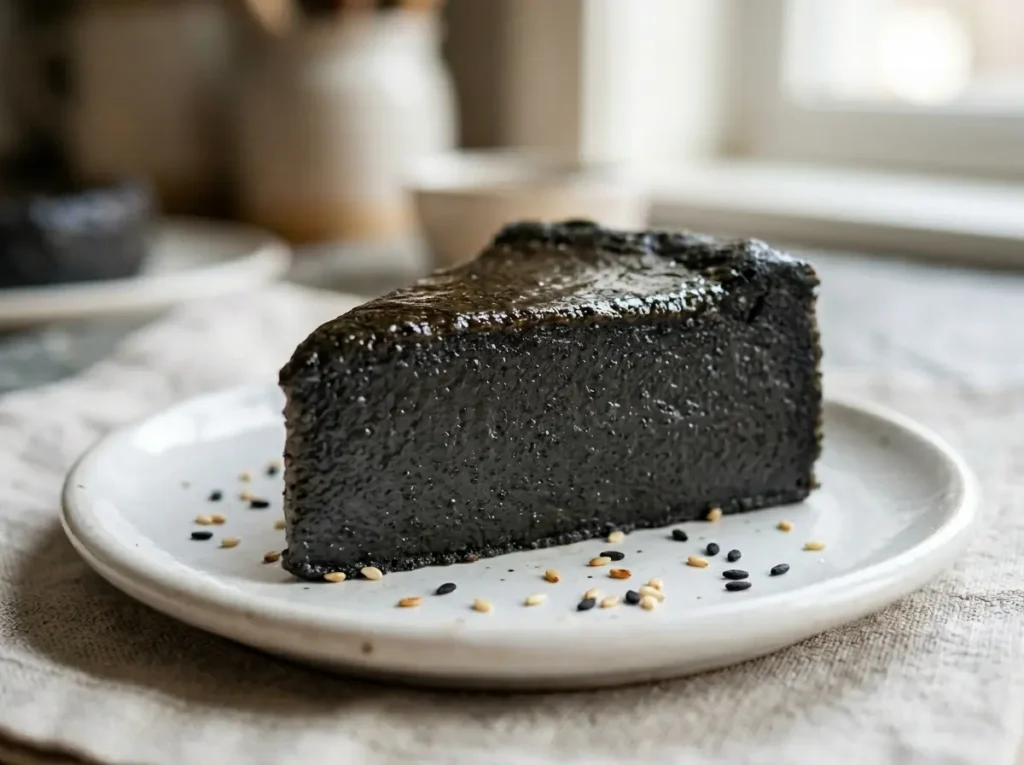 Black Sesame Dessert: 7 Easy Recipes Your Family Will Love 19 black sesame dessert mochi cake slice showing chewy interior on white plate