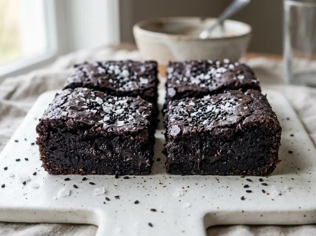 Black Sesame Dessert: 7 Easy Recipes Your Family Will Love 18 sliced black sesame dessert brownies showing fudgy interior on white board