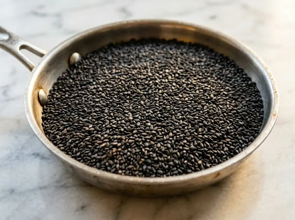 Black Sesame Dessert: 7 Easy Recipes Your Family Will Love 15 black sesame seeds toasting in a skillet for black sesame dessert