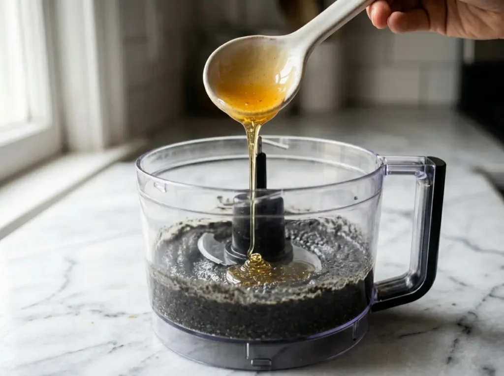 Raw honey being drizzled into black sesame paste in food processor close up