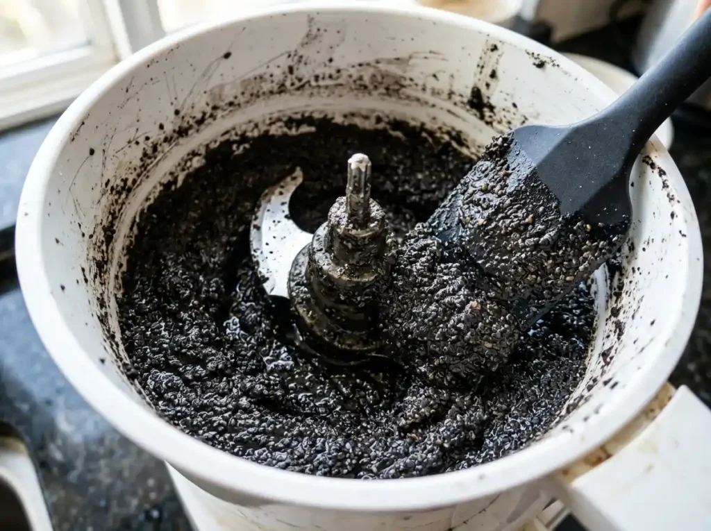 Black sesame seeds turning into paste inside food processor close up