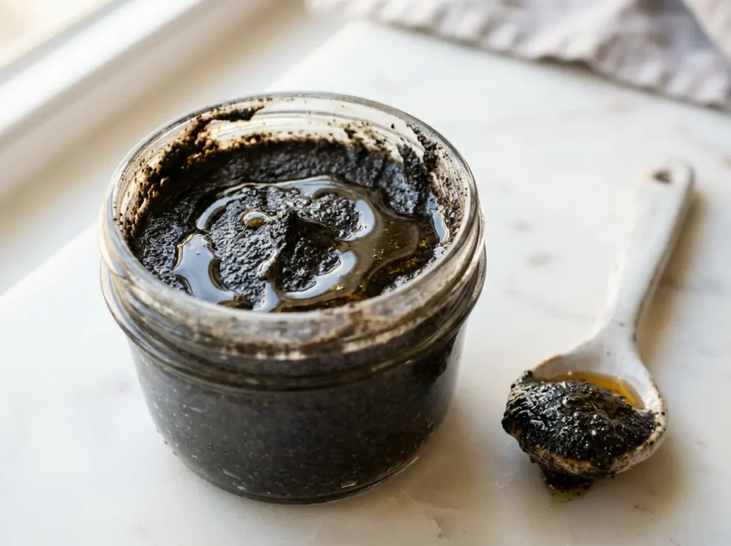 Homemade black sesame paste in open glass jar with honey drizzle on white marble surface