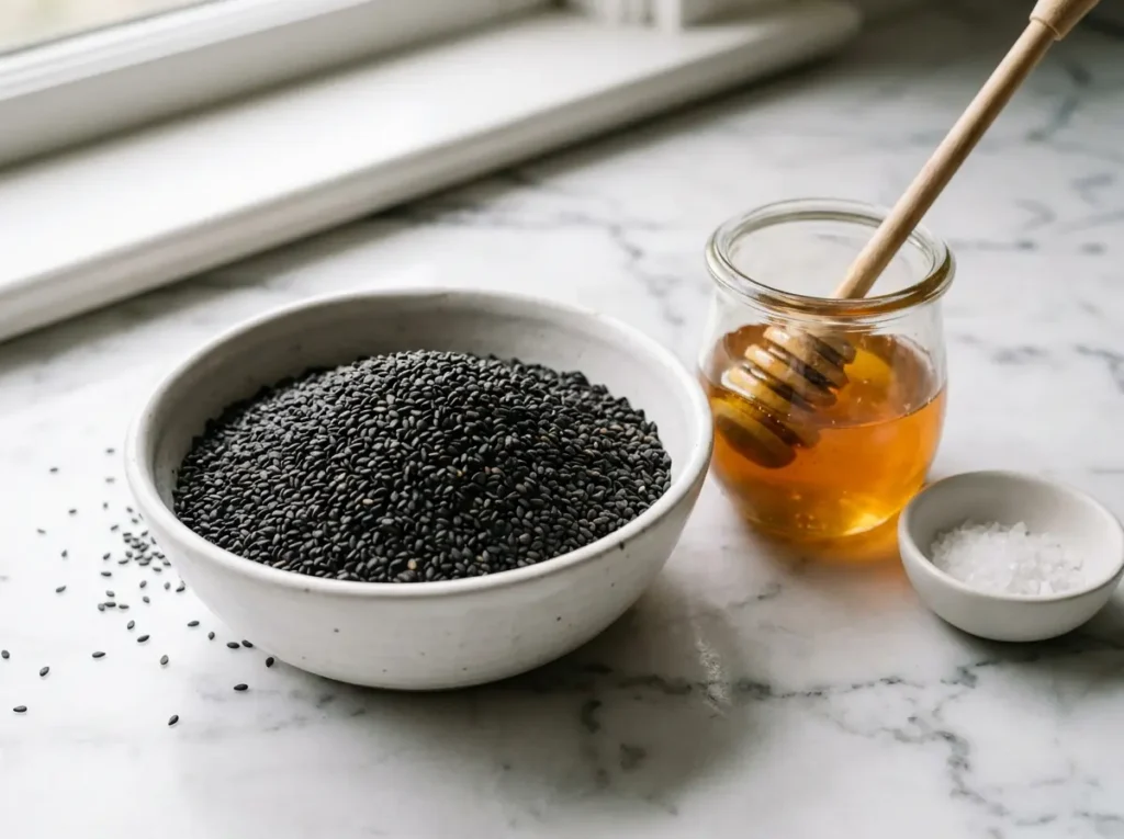Raw black sesame seeds in white bowl with honey jar and sea salt for homemade black sesame paste