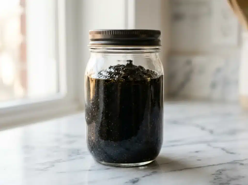 Sealed glass jar of homemade black sesame paste on white marble ready to store