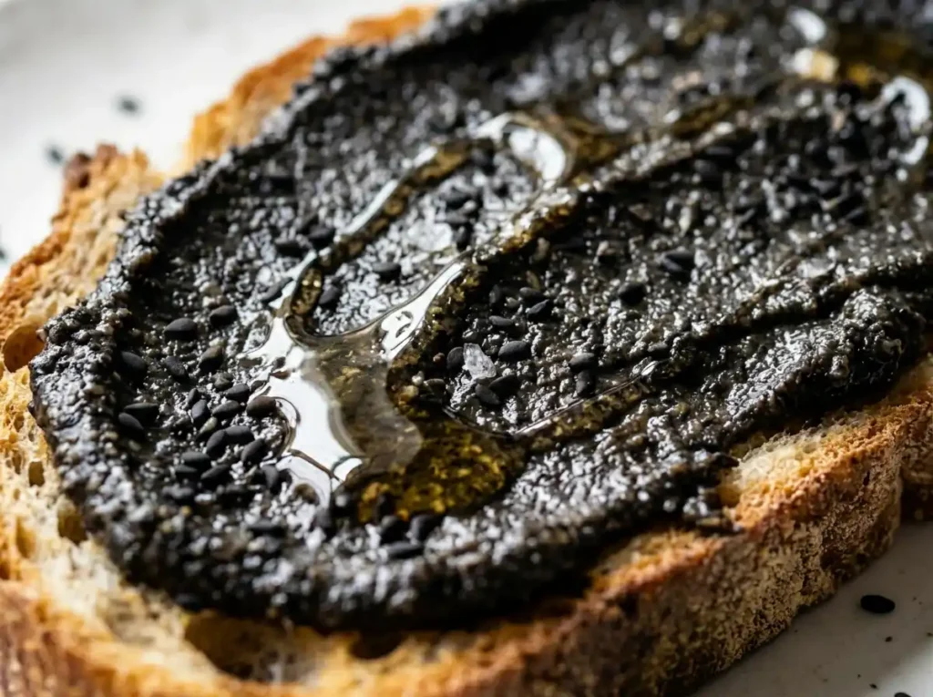 Thick black sesame paste spread on toasted bread with honey drizzle close up