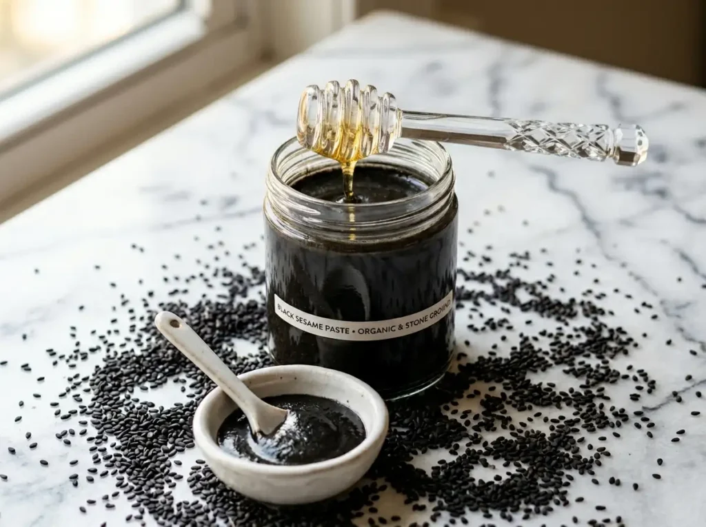 Homemade black sesame paste recipe in glass jar with sesame seeds and honey on white marble