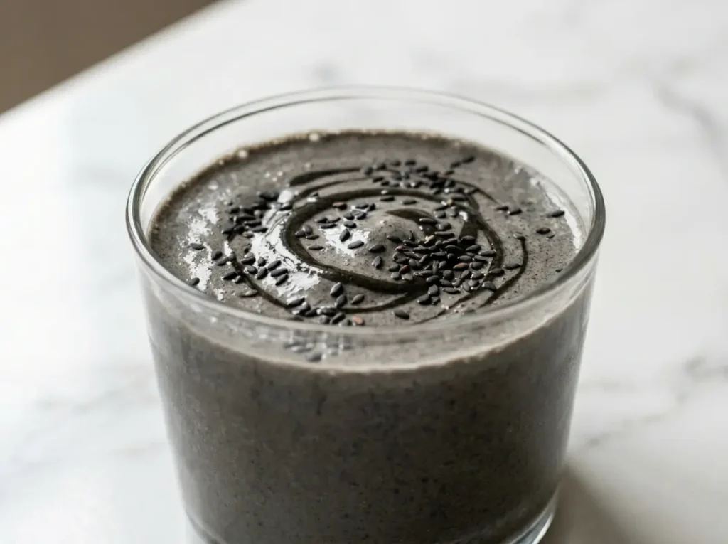 Black sesame paste smoothie in glass with banana and almond milk close up