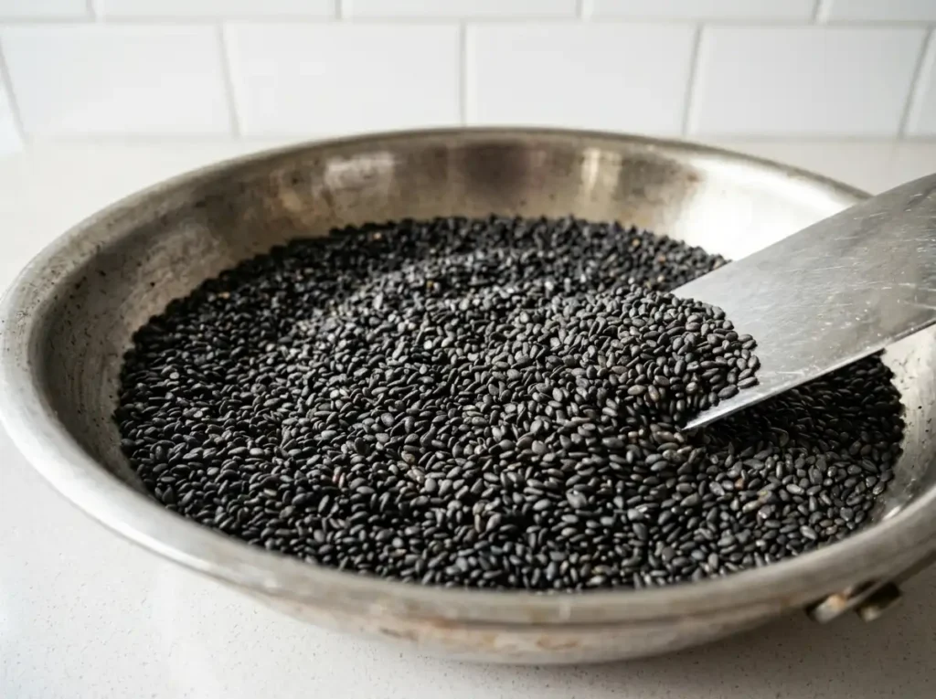Black sesame seeds toasting in dry skillet close up for black sesame paste recipe