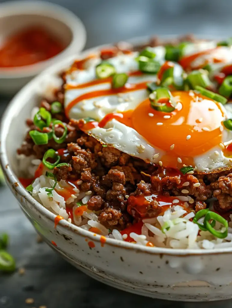 finished boy kibble recipe bowl sriracha drizzle green onion white plate close up