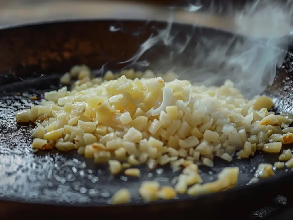 minced garlic sizzling golden in olive oil skillet for boy kibble recipe step 1