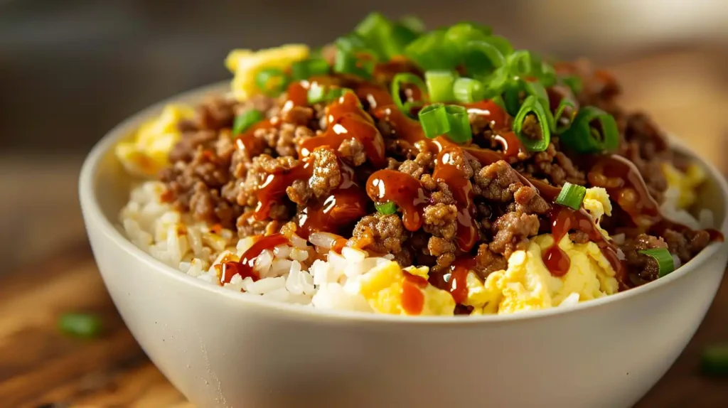 Current image: boy kibble recipe ground beef rice bowl with egg sriracha drizzle close up