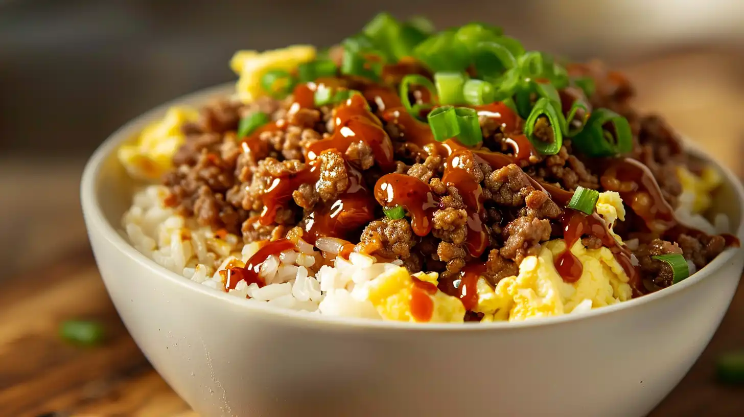 boy kibble recipe ground beef rice bowl with egg sriracha drizzle close up