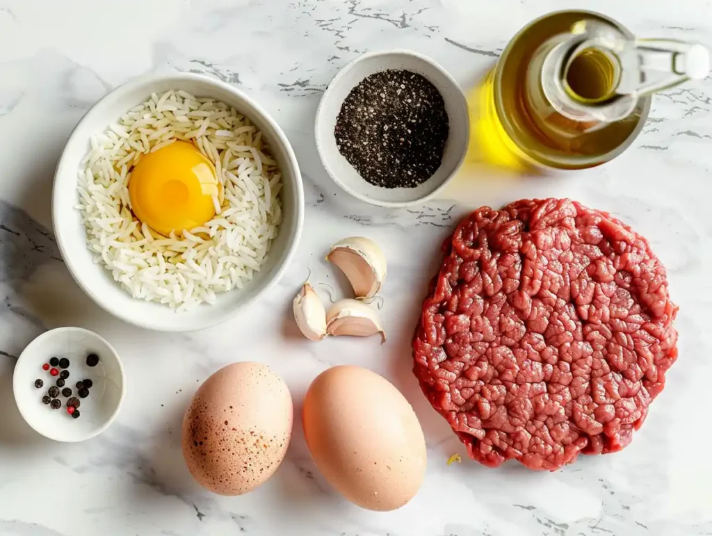 boy kibble recipe ingredients ground beef rice soy sauce garlic eggs on white surface