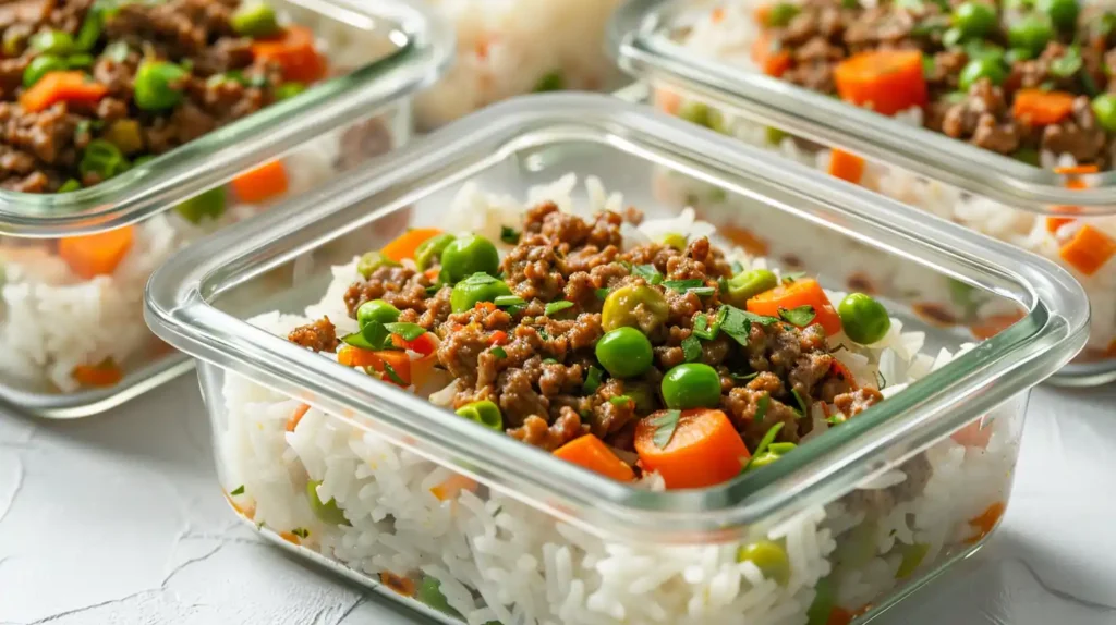 boy kibble recipe meal prep containers four portions ground beef rice bowls lined up